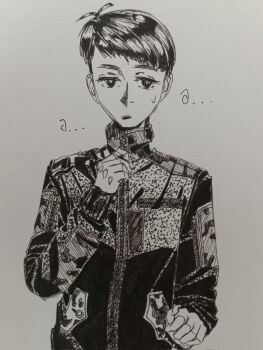 1girl bordfunker133 camouflage camouflage_jacket commentary digital_camouflage english_commentary grey_background hand_on_own_chest highres jacket long_sleeves looking_at_viewer messer_(bordfunker133) monochrome nervous_sweating open_mouth original russo-ukrainian_war self-portrait short_hair simple_background sketch solo sweat teeth ukrainian_ground_forces upper_body upper_teeth_only zipper zipper_pull_tab