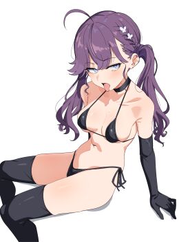 1girl absurdres bikini black_bikini black_choker black_gloves black_thighhighs blue_eyes blush breasts choker elbow_gloves gakuen_idolmaster gloves highres idolmaster kaya_rinha long_hair medium_breasts navel open_mouth paid_reward_available seihekiog side-tie_bikini_bottom simple_background sitting solo stomach swimsuit thighhighs thighs tongue tongue_out twintails white_background