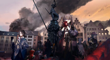 1boy 6+girls absurdres aircraft airplane ak-12_(girls&#039;_frontline) ak-12_(mod3)_(girls&#039;_frontline) ar-15 ar-18_(girls&#039;_frontline) artist_request assault_rifle baseball_cap beret black_hair blue_gloves building character_request check_character chinese_commentary closed_eyes closed_mouth coat commander_(girls&#039;_frontline) commentary_request cowboy_shot day expressionless fighter_jet fire_hydrant formal_clothes g11_(girls&#039;_frontline) g11_(mod3)_(girls&#039;_frontline) girls&#039;_frontline gloves goggles goggles_on_headwear grey_coat grey_hair griffin_&amp;_kryuger_military_uniform gun hair_between_eyes hat highres jacket long_hair looking_at_viewer military_uniform military_vehicle multicolored_hair multiple_girls official_art outdoors purple_eyes red_suit rifle ro635_(girls&#039;_frontline) scar-h_(girls&#039;_frontline) scope short_hair sidelocks smoke st_ar-15_(girls&#039;_frontline) st_ar-15_(mod3)_(girls&#039;_frontline) statue streaked_hair suit ump45_(girls&#039;_frontline) ump45_(mod3)_(girls&#039;_frontline) weapon yellow_jacket