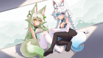 Rule 34 | 2girls, absurdres, ahoge, animal ear fluff, animal ears, black pantyhose, blue dress, blue eyes, blush, braid, breasts, character request, china dress, chinese clothes, commentary request, dress, eyepatch, feet, fox ears, fox girl, fox tail, green dress, green eyes, green hair, hair flaps, highres, karv, legs, long hair, multiple girls, negiwolf, no shoes, original, pantyhose, sitting, small breasts, smile, soles, tail, thighband pantyhose, thighs, toes, twin braids, white hair, white pantyhose