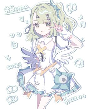 1girl angels_of_delusion aria_(zenless_zone_zero) aria_(zenless_zone_zero)_(cosplay) cosplay cowboy_shot dress earrings fingerless_gloves gloves green_eyes green_hair highres jewelry lvl_31 multiple_hair_clips musical_note_earrings solo sunna_(zenless_zone_zero) v v_over_eye white_dress white_wings wings zenless_zone_zero