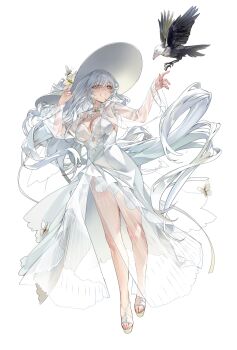 1girl absurdly_long_hair bird breasts bug butterfly cleavage clothing_cutout commentary_request cropped_jacket cutout_above_navel dress floppy_hat flower full_body gem hat highres insect jacket large_breasts long_hair long_sleeves no_panties original sabotensuteeki sandals see-through_clothes see-through_jacket see-through_skirt skirt smile solo standing sun_hat transparent_background very_long_hair white_dress white_flower white_hair white_hat white_sleeves witch yellow_eyes yellow_gem