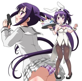 1girl animal_ears gochuumon_wa_usagi_desu_ka? gun handgun highres ki_(adotadot) leotard panties pantyshot playboy rabbit_ears school_uniform tedeza_rize tedeza_rize's_school_uniform tippy_(gochiusa) underwear waitress weapon white_leotard