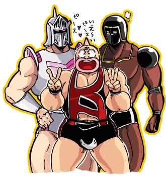 Rule 34 | 3boys, black helmet, closed eyes, double v, hand on own hip, helmet, hidemarusan, kinnikuman, kinnikuman (character), male focus, multiple boys, muscular, muscular male, robin mask, shoulder pads, simple background, v, warsman, white background, wrestling outfit