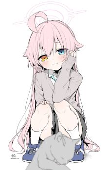 1girl :3 adapted_costume ahoge anzu_ame black_skirt blue_archive blue_eyes blue_necktie blue_shoes blurry blush cardigan cat closed_mouth collared_shirt commentary_request convenient_censoring cross-laced_shoes depth_of_field full_body grey_cardigan grey_cat hair_between_eyes hair_over_shoulder halo hand_on_own_cheek hand_on_own_face hand_on_own_knee hand_up heterochromia highres hoshino_(blue_archive) kneehighs long_hair looking_at_animal miniskirt necktie pink_hair pink_halo pleated_skirt school_uniform shirt shoes simple_background skirt sleeves_past_wrists smile sneakers socks solo split_mouth squatting twitter_username upskirt very_long_hair white_background white_shirt white_socks yellow_eyes