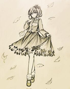 Rule 34 | 1girl, aki shizuha, closed mouth, collared shirt, commentary request, falling leaves, full body, hair ornament, highres, holding own skirt, leaf, leaf hair ornament, long sleeves, looking at viewer, mary janes, monochrome, shirt, shoes, short hair, sitting, smile, socks, solo, touhou, wu yu wanwan