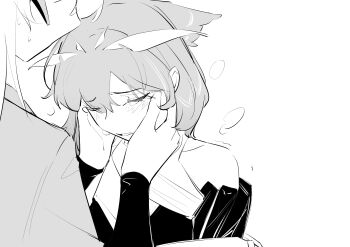 Rule 34 | 2girls, ajiajia1104, arknights, bare shoulders, blush, chinese commentary, commentary request, dress, greyscale, hands on another's face, highres, long hair, medium hair, monochrome, multiple girls, saria (arknights), silence (arknights), sweat, tears, yuri