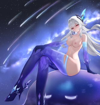 1girl absurdres ass blue_thighhighs breasts commentary_request crossed_legs elbow_gloves frown genshin_impact gloves hair_ornament high_heels highres looking_at_viewer medium_breasts mensao_megane naked_gloves nipples nude pink_eyes shooting_star sitting skirk_(genshin_impact) sky solo star_(sky) starry_sky thighhighs variant_set white_hair