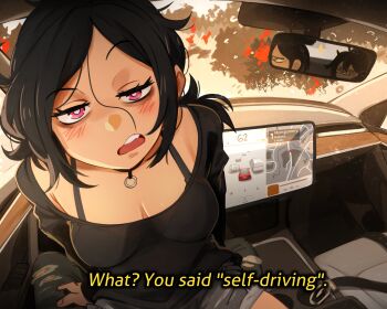 1boy 2girls absurdres andrew_graves ashley_graves black_hair black_shirt blush bra_strap breasts bright_pupils car_interior cleavage english_text gps grey_shorts hair_between_eyes highres khyle. long_sleeves looking_at_viewer mirror multiple_girls open_mouth pink_eyes pov pov_crotch renee_graves shirt short_hair short_shorts shorts sitting small_breasts tesla_(company) the_coffin_of_andy_and_leyley white_pupils