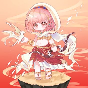 1girl armlet bare_shoulders barefoot_sandals_(jewelry) beads belt bow_(weapon) bracelet braid chibi chinese_commentary cloak commentary_request creature_on_hand crop_top dragon earrings expressionless floating_clothes floating_island gold_armlet gold_bracelet gold_earrings hair_beads hair_ornament highres holding holding_bow_(weapon) holding_weapon hood hood_up hooded_cloak hoop_earrings infinity_nikki jewelry layered_skirt long_skirt loose_hair_strand medium_hair midriff navel nikki_(nikki) nikki_(series) pink_hair pleated_skirt purifying_wind_(infinity_nikki) ranlu046 red_skirt scales shirt side_braids single_bracer skirt sleeveless sleeveless_shirt small_dragon smoke solo standing sun sunset twin_braids weapon white_cloak white_shirt white_skirt yellow_belt