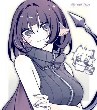 1boy 1girl alternate_costume animal_ears bare_shoulders black_hair blue_eyes blush border breasts chibi closed_mouth commentary_request cosplay costume_switch earrings fingernails grey_background hand_on_own_arm highres jacket jane_doe_(zenless_zone_zero) jewelry large_breasts long_hair looking_up mnm_940 mouse_ears mouse_girl mouse_tail multicolored_hair notched_ear red_hair red_nails seth_lowell sharp_tail sleeveless sleeveless_jacket smile tail turtleneck turtleneck_jacket twitter_username upper_body very_long_tail white_border zenless_zone_zero zipper