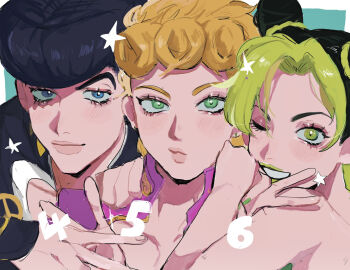 1girl 2boys aqua_background black_hair black_jacket blonde_hair blue_eyes border braid bun_with_braided_base cone_hair_bun double_bun giorno_giovanna green_eyes green_hair green_lips green_nails grin hair_bun hand_on_another&#039;s_shoulder higashikata_josuke highres jacket jojo_no_kimyou_na_bouken kuujou_jolyne light_smile lipstick makeup matubaru_chan multicolored_hair multiple_boys one_eye_closed outside_border pink_jacket pompadour simple_background smile sparkle star_(symbol) two-tone_hair v white_border
