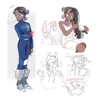 1boy 1girl alolan_dugtrio alolan_form amarys_(pokemon) black_hair blueberry_academy_school_uniform blush boots brushing_hair brushing_own_hair commentary dark-skinned_female dark_skin english_commentary face_in_pillow gen_7_pokemon glasses gloves green_eyes grey_boots grey_hair hair_brush highres holding holding_hair_brush kieran_(pokemon) lovestruck multicolored_hair multiple_views nintendo pillow pokemon pokemon_(creature) pokemon_scarlet_and_violet school_uniform signature single_glove standing two-tone_hair vergolophus