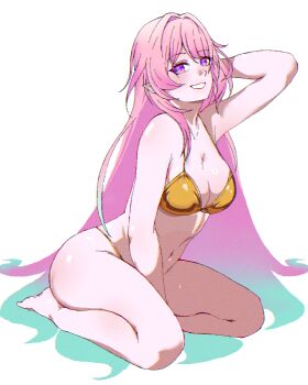 Rule 34 | 1girl, aqua hair, arigao, barefoot, bikini, breasts, cleavage, commentary, cyrene (demiurge) (honkai: star rail), cyrene (honkai: star rail), diamond-shaped pupils, diamond (shape), gold bikini, gradient hair, highres, honkai: star rail, honkai (series), large breasts, long hair, looking at viewer, multicolored hair, navel, pink hair, pointy ears, purple eyes, simple background, smile, solo, stomach, swimsuit, symbol-shaped pupils, two-tone hair, untranslatable commentary, very long hair, white background