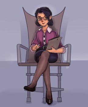 absurdres crossed_legs glasses high_heels highres miss_pauling pantyhose sfp479 team_fortress_2 thighhighs