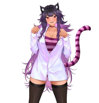 1girl absurdres alice's_adventures_in_wonderland alternate_costume animal_ear_fluff animal_ears bell black_hair breasts cat_ears cat_girl cat_tail cheshire_cat_(alice_in_wonderland) cheshire_cat_(alice_in_wonderland)_(cosplay) choker collarbone colored_inner_hair cosplay cowboy_shot highres landacdeus long_hair long_sleeves looking_at_viewer mole mole_on_breast mole_under_eye multicolored_hair multiple_moles neck_bell nijisanji nijisanji_en open_mouth partially_unbuttoned paw_pose purple_hair red_choker red_nails scarle_yonaguni scarle_yonaguni_(loungewear) second-party_source shirt slit_pupils solo striped_tail tail thighhighs transparent_background virtual_youtuber white_shirt