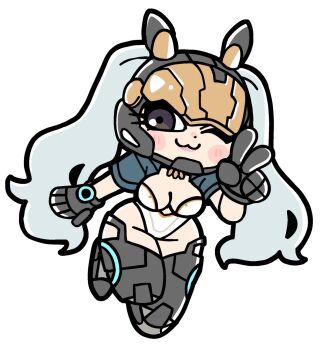 1girl ;3 animal_ear_helmet animal_helmet assault_visor bkub black_gloves black_helmet black_thighhighs blue_jacket blush breasts bunny_(the_first_descendant) cleavage closed_mouth cropped_jacket deformed dot_nose eyelashes full_body gloves hand_up helmet highres jacket leotard long_eyelashes long_hair medium_breasts one_eye_closed open_clothes open_jacket purple_eyes short_sleeves simple_background smile solo strapless strapless_leotard the_first_descendant thighhighs twintails v very_long_hair white_background white_hair white_leotard