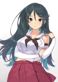 1girl alternate_hairstyle black_hair blue_hair breasts brown_neckerchief colored_inner_hair commission detached_sleeves hair_down isuzu_(kancolle) kantai_collection large_breasts mitsuyo_(mituyo324) multicolored_hair neckerchief pleated_skirt red_skirt sailor_collar shirt simple_background skirt sleeveless sleeveless_shirt solo white_background white_sailor_collar white_shirt
