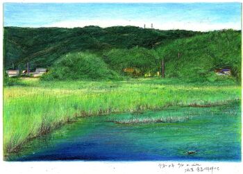 absurdres baden_hiroshi blue_sky border colored_pencil_(medium) commentary_request day forest highres hill lake landscape making-of_available nature no_humans original outdoors real_world_location scenery sky traditional_media water wetland white_border