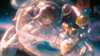 1other 2girls animal_helmet astronaut backpack bag balloon blonde_hair blue_eyes blunt_bangs blurry blush boots cha_pu closed_mouth commission earth_(planet) floating_hair flower gloves happy happy_birthday heart heart_(organ) helmet highres holding holding_balloon leaf long_hair long_sleeves looking_at_another maple_leaf mihuashi_commission multiple_girls original pants petals planet red_flower red_rose ripples rose shirt shoes smile space space_helmet standing star_(sky) transparent_backpack watermark white_boots white_gloves white_pants white_shirt white_shoes