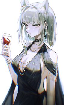 1girl absurdres animal_ears arknights black_choker black_dress breasts cat_ears chinese_commentary choker chromatic_aberration commentary cup dress drinking_glass green_eyes green_hair highres jewelry kal&#039;tsit_(arknights) pale_skin sakiyo short_hair sleeveless solo wine_glass
