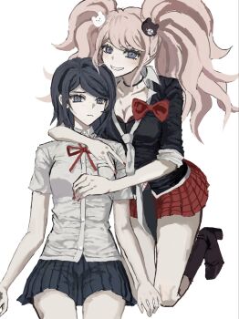 2girls bear_hair_ornament black_hair black_shirt black_skirt blonde_hair bow breasts cleavage commentary_request danganronpa:_trigger_happy_havoc danganronpa_(series) enoshima_junko freckles hair_ornament highres ikusaba_mukuro long_hair miniskirt multiple_girls neck_ribbon necktie plaid_clothes plaid_skirt pleated_skirt red_bow red_ribbon red_skirt ribbon rom9461 school_uniform shirt short_hair siblings simple_background sisters skirt smile twintails white_shirt