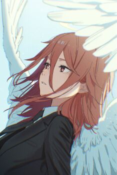 1boy angel angel_devil_(chainsaw_man) angel_wings black_jacket black_necktie black_suit business_suit chainsaw_man feathered_wings formal_clothes glowing glowing_halo halo highres jacket necktie rinzawa shirt_tucked_in suit suit_jacket traditional_halo white_wings wings