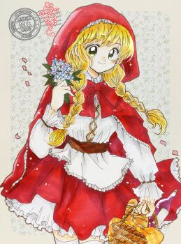 1girl artist_name basket bdsm belt blonde_hair blue_flower bondage bottle bound bow bowtie braid bread brown_belt cape closed_mouth commentary cowboy_shot falling_petals flower food frilled_sleeves frills fukatsuki_mizuki green_eyes hand_up highres holding holding_basket holding_flower hood hood_up hooded_cape little_red_riding_hood_(fairy_tale) little_red_riding_hood_(fairy_tale_character) looking_at_viewer low_twin_braids napkin petals petticoat picnic_basket pink_petals red_bow red_bowtie red_cape red_skirt shirt skirt smile solo standing thighhighs traditional_media twin_braids watermark white_flower white_shirt white_thighhighs wine_bottle
