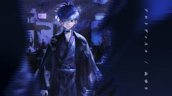 Rule 34 | 1boy, belt collar, black collar, black hair, black hakama, black haori, black kimono, blue hair, blue theme, bridge piercing, chin piercing, chinese commentary, collar, collarbone, commentary request, cowboy shot, earrings, eyepatch, face piercing, facepaint, grey eyes, grin, hair between eyes, hakama, haori, highres, japanese clothes, jewelry, kimono, long sleeves, looking at viewer, male focus, mismatched earrings, multicolored hair, omokage yugamu, piercing, print eyepatch, print haori, richost, ring, roots (hair), short hair, smile, solo, the hundred line -last defense academy-, translation request, two-tone hair, wide sleeves