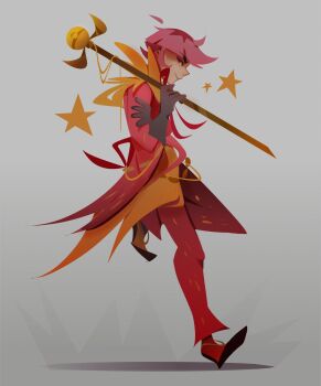 Rule 34 | 1boy, black eyes, black shoes, closed mouth, coat, commentary, from side, full body, gloves, grey background, grey gloves, highres, holding, holding staff, leg up, male focus, nintendo, ortega (pokemon), pants, pink coat, pink hair, pokemon, pokemon sv, red pants, red ribbon, ribbon, shoes, short hair, sideways glance, smile, solo, staff, standing, standing on one leg, star (symbol), tamii (tampokedex), team star