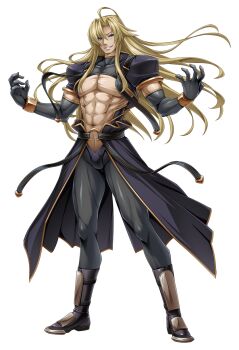 Rule 34 | 1boy, abs, ahoge, belt, black belt, black gloves, black pants, blonde hair, blue eyes, boots, bracelet, coat, covered collarbone, dark skin, elbow gloves, floating hair, full body, game cg, gloves, gold trim, grin, hair between eyes, highres, inoino, jewelry, kouyoku senki exs-tia, large variant set, long hair, looking at viewer, male focus, muscular, muscular male, naiolo (exs-tia), navel, non-web source, official art, open clothes, open hands, pants, pantyhose, pectorals, purple eyes, short sleeves, shrug (clothing), simple background, skin tight, smile, solo, standing, tachi-e, teeth, transparent background, variant set, waist cape