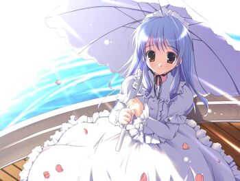 Rule 34 | 00s, 1girl, aria (sister princess), blue hair, boat, female focus, goth fashion, long hair, mikeou, red eyes, sister princess, solo, umbrella, water, watercraft