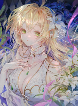 1girl ahoge azubull blonde_hair breasts cleavage commission dress elf flower green_eyes hair_between_eyes hair_flower hair_ornament highres jewelry large_breasts lily_(flower) long_hair looking_at_viewer necklace original pointy_ears ring sensitive solo upper_body white_dress white_flower