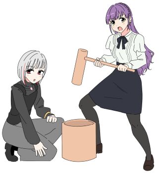 Rule 34 | 2girls, :d, black pantyhose, black ribbon, black shoes, black skirt, black sweater, black vest, braid, brown shoes, commentary request, crown braid, earrings, frilled shirt, frills, full body, green eyes, grey hair, grey pants, highres, holding, holding mallet, jewelry, kine, link! like! love live!, llkapital, long hair, long sleeves, love live!, mallet, medium skirt, mortar (bowl), multicolored hair, multiple girls, neck ribbon, on one knee, open mouth, otomune kozue, otomune kozue (post-graduation), pants, pantyhose, purple hair, red hair, ribbon, shirt, shoes, sidelocks, simple background, skirt, smile, standing, streaked hair, sweater, turtleneck, turtleneck sweater, vest, virtual youtuber, white background, white shirt, yugiri tsuzuri, yugiri tsuzuri (post-graduation)