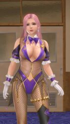 1girl 3d animated blowing_kiss blue_eyes bow bowtie breasts cleavage dead_or_alive dead_or_alive_xtreme dead_or_alive_xtreme_venus_vacation earrings elise_(doa) highres jewelry large_breasts leotard long_hair pink_hair see-through_clothes sound tagme video