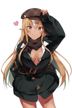 1girl arm_up belt black_coat breasts breasts_apart brown_eyes brown_hair brown_hat brown_scarf coat collared_shirt cowboy_shot dark_elf elf elfriend_(shiranui_flare) hashtag-only_commentary hat heart highres hololive kinako_mocchi_mochi long_hair long_sleeves looking_at_viewer medium_breasts multicolored_hair newsboy_cap no_pants open_clothes open_coat open_shirt partially_unbuttoned plaid_hat pointy_ears scarf shiranui_flare shirt simple_background sleeves_past_wrists smile solo streaked_hair two-tone_hair virtual_youtuber white_background white_hair white_shirt
