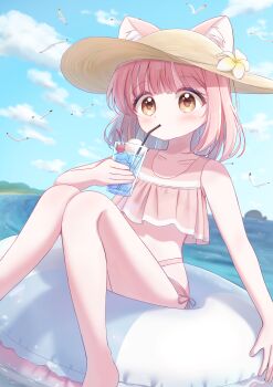 1girl absurdres animal_ears bare_shoulders beach bikini bird blue_sky blush breasts brown_eyes closed_mouth cloud collarbone commentary cup drink drinking_straw haruiroha hat highres holding holding_cup innertube legs medium_hair ocean original outdoors pink_bikini pink_hair seagull sky small_breasts solo stomach sun_hat swim_ring swimsuit symbol-only_commentary water