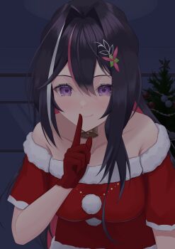 1girl absurdres azki_(hololive) bare_shoulders bell black_hair christmas_tree collarbone colored_inner_hair commentary_request fur_trim gloves hair_ornament highres hololive looking_at_viewer multicolored_hair pink_hair pom_pom_(clothes) purple_eyes red_gloves santa_costume serin_(zersk_04) short_sleeves virtual_youtuber white_hair