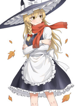 1girl absurdres apron black_skirt blonde_hair bow braid frilled_apron frilled_hat frilled_skirt frills hair_bow hat hat_bow highres holding_own_arm kirisame_marisa kiyo_(tomoki6107) leaf long_hair long_sleeves orange_scarf red_bow scarf shirt side_braid simple_background skirt smile touhou vest white_apron white_background white_bow white_shirt witch witch_hat