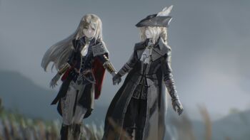 2girls absurdres ascot blonde_hair bloodborne crisslioo duchess_(elden_ring) elden_ring elden_ring_nightreign fromsoftware gloves hat hat_feather highres holding holding_hands lady_maria_of_the_astral_clocktower long_hair multiple_girls ponytail tricorne white_ascot white_gloves white_hair