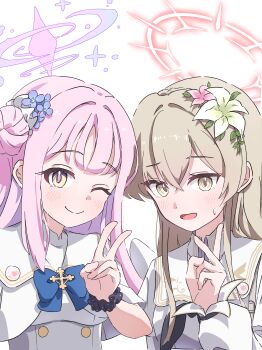 2girls ;) absurdres angel_wings badge black_neckerchief black_scrunchie blue_archive blue_bow blue_bowtie blue_flower blush bow bowtie braid breasts brown_hair button_badge buttons capelet closed_mouth commentary cross_ornament crossed_bangs crown_braid double-breasted dress flower folded_wings gold_buttons gold_trim gradient_halo hair_behind_ear hair_between_eyes hair_bun hair_flower hair_ornament hair_scrunchie halo highres long_hair long_sleeves looking_at_viewer medium_breasts mika_(blue_archive) multicolored_halo multiple_girls nagisa_(blue_archive) neckerchief ninji665102 one_eye_closed open_mouth pink_flower pink_hair pink_halo puffy_long_sleeves puffy_sleeves sailor_collar scrunchie side-by-side side_up_bun simple_background sleeveless sleeveless_dress smile split_mouth straight_hair sweatdrop underbust upper_body v very_long_hair white_background white_capelet white_dress white_flower white_sailor_collar white_scrunchie white_wings wings wrist_scrunchie yellow_eyes