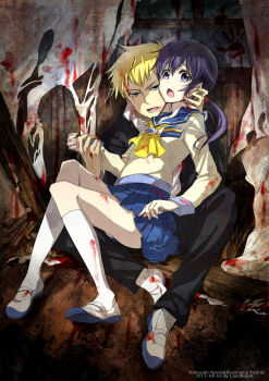 Rule 34 | 1boy, 1girl, bad id, bad pixiv id, blonde hair, blood, blood on clothes, blood on face, blue eyes, blue skirt, character name, corpse party, d midiror, dated, hetero, highres, holding hands, kishinuma yoshiki, kneehighs, long sleeves, looking at viewer, low twintails, name tag, neckerchief, open mouth, pleated skirt, purple eyes, purple hair, sailor collar, school uniform, serafuku, shinozaki ayumi, shoes, sitting, skirt, socks, twintails, uwabaki, white socks