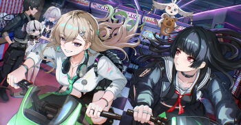 Rule 34 | 1boy, 3girls, abby (wuthering waves), absurdres, arcade, arm cutout, black choker, black hair, black jacket, black pants, black serafuku, black shirt, black skirt, blonde hair, braid, braided bangs, breasts, camellya mascot (meme), chisa (wuthering waves), choker, cleavage, closed mouth, clothing cutout, collarbone, commentary request, green necktie, grey hair, grin, hair between eyes, hair ornament, highres, indoors, jacket, kmg (ezah8373), long hair, long sleeves, looking at another, male rover (wuthering waves), medium breasts, meme, mornye (wuthering waves), multiple girls, namipon (wuthering waves), neckerchief, necktie, pants, purple eyes, red eyes, red neckerchief, rover (wuthering waves), sailor collar, school uniform, serafuku, shirt, skirt, skull hair ornament, smile, tacet mark (wuthering waves), white sailor collar, white shirt, wuthering waves