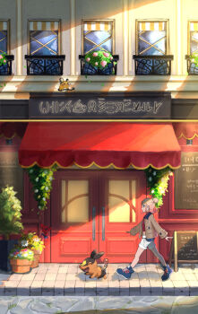 1girl blonde_hair blue_eyes brown_jacket commentary crop_top dedenne gen_5_pokemon gen_6_pokemon gradient_hair hair_bun jacket long_sleeves lumiose_city midriff multicolored_hair nintendo open_clothes open_jacket pink_hair pokemon pokemon_(creature) pokemon_legends:_z-a red_shirt ribbed_shirt setta_shu shirt shorts smile taunie_(pokemon) tepig turtleneck turtleneck_shirt white_shorts