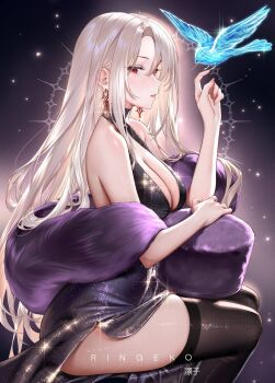 1girl aged_up alternate_costume artist_name bare_shoulders bird bird_on_hand black_thighhighs blonde_hair blue_bird blush breasts cleavage commentary dress earrings fate/stay_night fate_(series) feather_boa feet_out_of_frame fingernails from_side gradient_background highres illyasviel_von_einzbern jewelry jpeg_artifacts large_breasts long_hair looking_at_viewer parted_lips purple_dress red_eyes ringeko-chan sidelocks sitting solo thighhighs thighs very_long_hair
