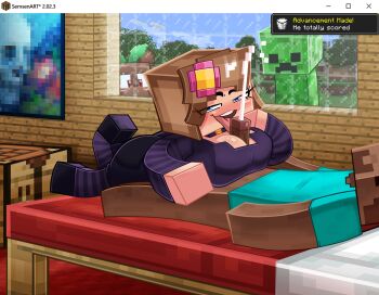 1girl 2boys aqua_shirt bed block_(minecraft) blue_eyes blush breasts brown_hair bucket character_request commentary crafting_table_(minecraft) creeper cum cum_on_body dark-skinned_male dark_skin day english_commentary eyes_visible_through_hair facial fellatio flower glass hair_flower hair_ornament half-closed_eyes highres large_breasts licking licking_penis looking_at_viewer minecraft multiple_boys no_pants on_bed oral paizuri penis sernsennsfw shirt steve_(minecraft) teeth tongue tongue_out uncensored upper_teeth_only