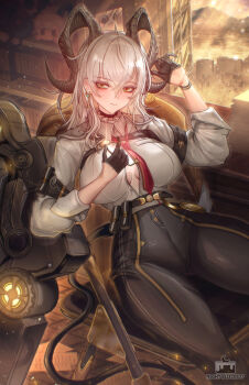 1girl absurdres armband artist_logo bilingual_commentary black_armband black_gloves black_horns black_pants black_tail breasts breasts_apart button_gap chair chest_harness closed_mouth collared_shirt commentary curled_horns demon_tail earrings english_commentary folding_chair gloves grey_hair hair_between_eyes half_gloves hand_up harness high-waist_pants highres horns indoors jewelry key_earrings large_breasts logo long_hair looking_at_viewer mixed-language_commentary necktie nightsliice257 no_bra pants red_eyes red_necktie shield shirt sitting smile solo tail tight_clothes tight_pants wuthering_waves zani_(wuthering_waves)