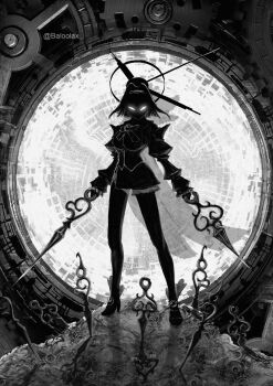 1girl baloolax bow breasts dual_wielding gears greyscale high_heels highres holding hololive hololive_english lace large_breasts monochrome no_pupils ouro_kronii portal_(object) twitter_username virtual_youtuber