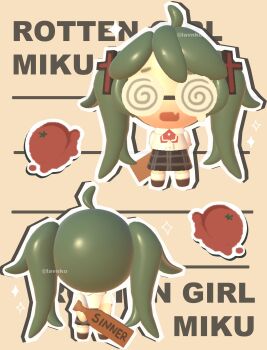 1girl 3d absurdres alternate_costume blush chibi chibi_only coke-bottle_glasses commentary confessions_of_a_rotten_girl_(vocaloid) cross_hair_ornament fang glasses green_hair hair_ornament hatsune_miku highres lavy_(lavnko) open_mouth paddle twintails vocaloid