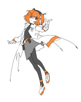 1girl 2118oo a.i._voice absurdres adachi_rei belt_pouch black_pantyhose black_shirt cable commentary_request full_body grey_skirt highres jacket long_sleeves looking_at_viewer medium_hair miniskirt open_clothes open_jacket orange_eyes orange_hair pantyhose pouch shirt shoes simple_background skirt sneakers solo utau white_background white_jacket